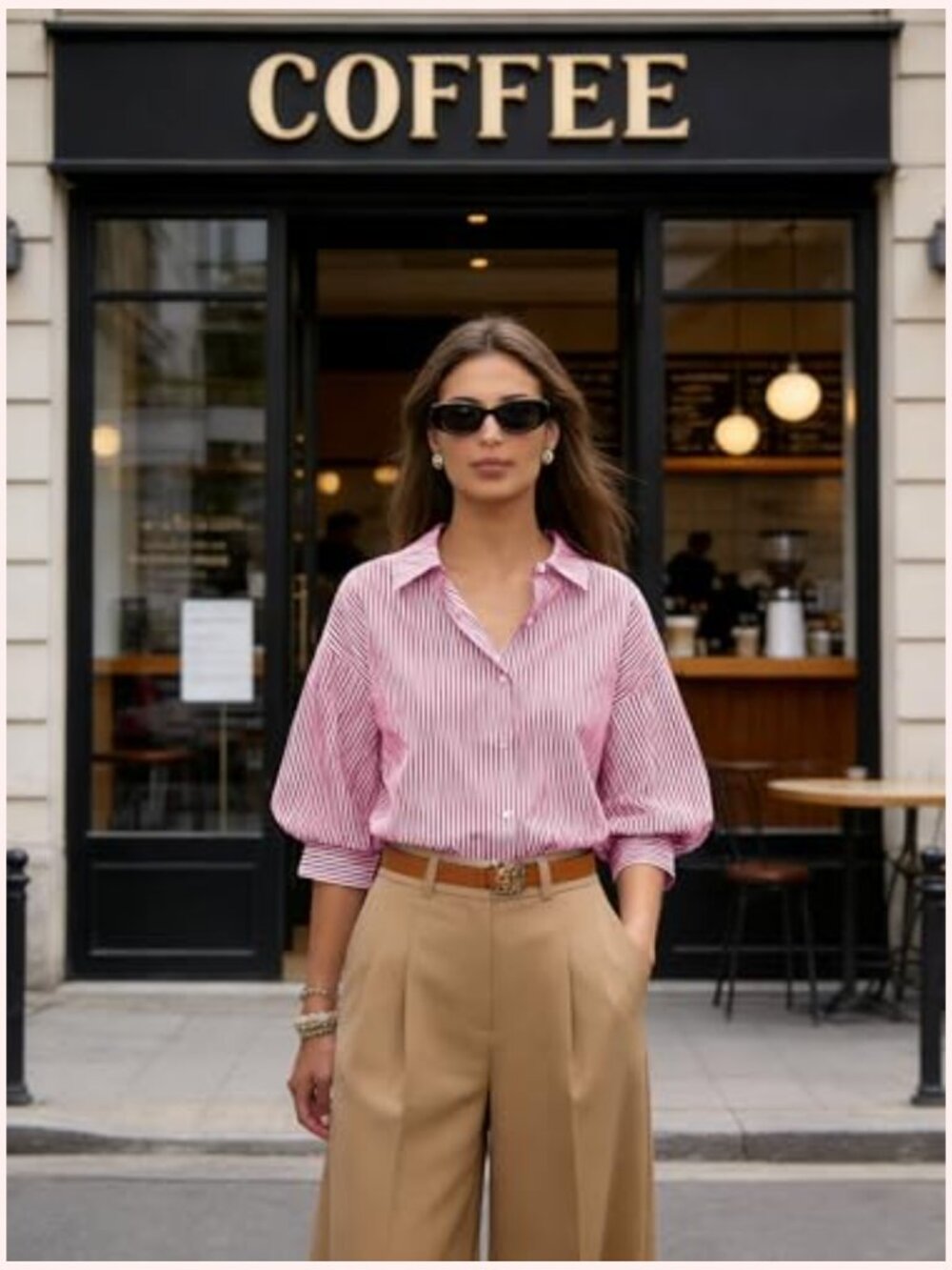 Striped Button Down Shirt 3/4 Puff Sleeve Collared V Neck Loose Blouse - Picture 3 of 7
